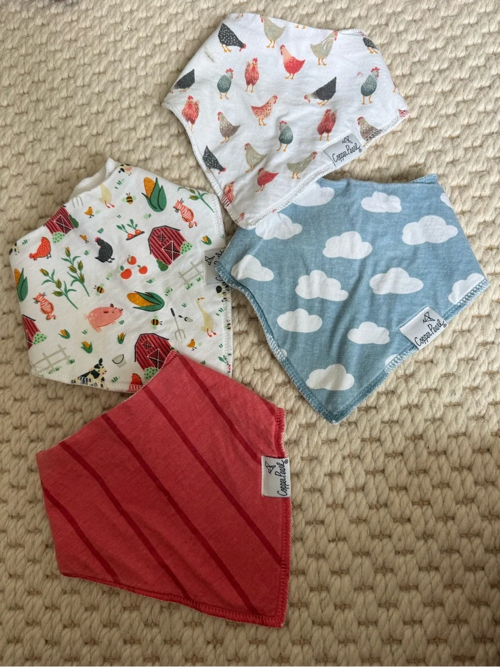 Copper Pearl Baby Bandana Bib Set - Cloud Blue, Farm Print, Chicken Print & Red
